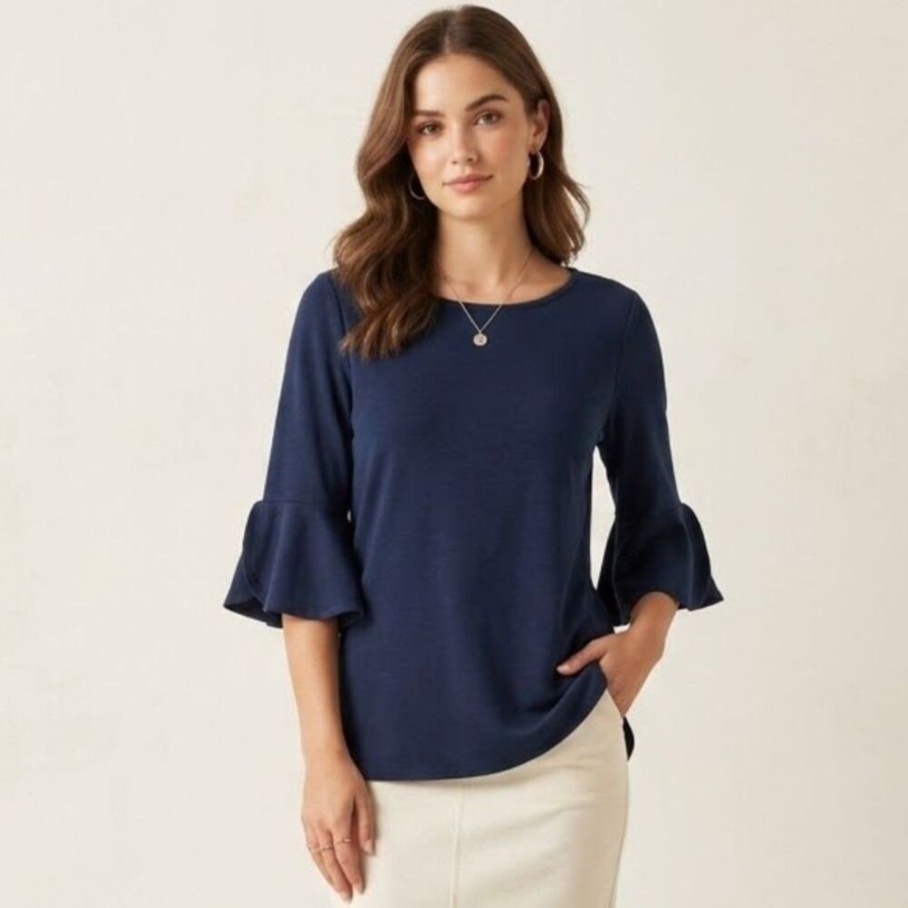Max Studio Weekend Navy Blue Bell Three Quarter Knit Career Sweater Blouse SZ M